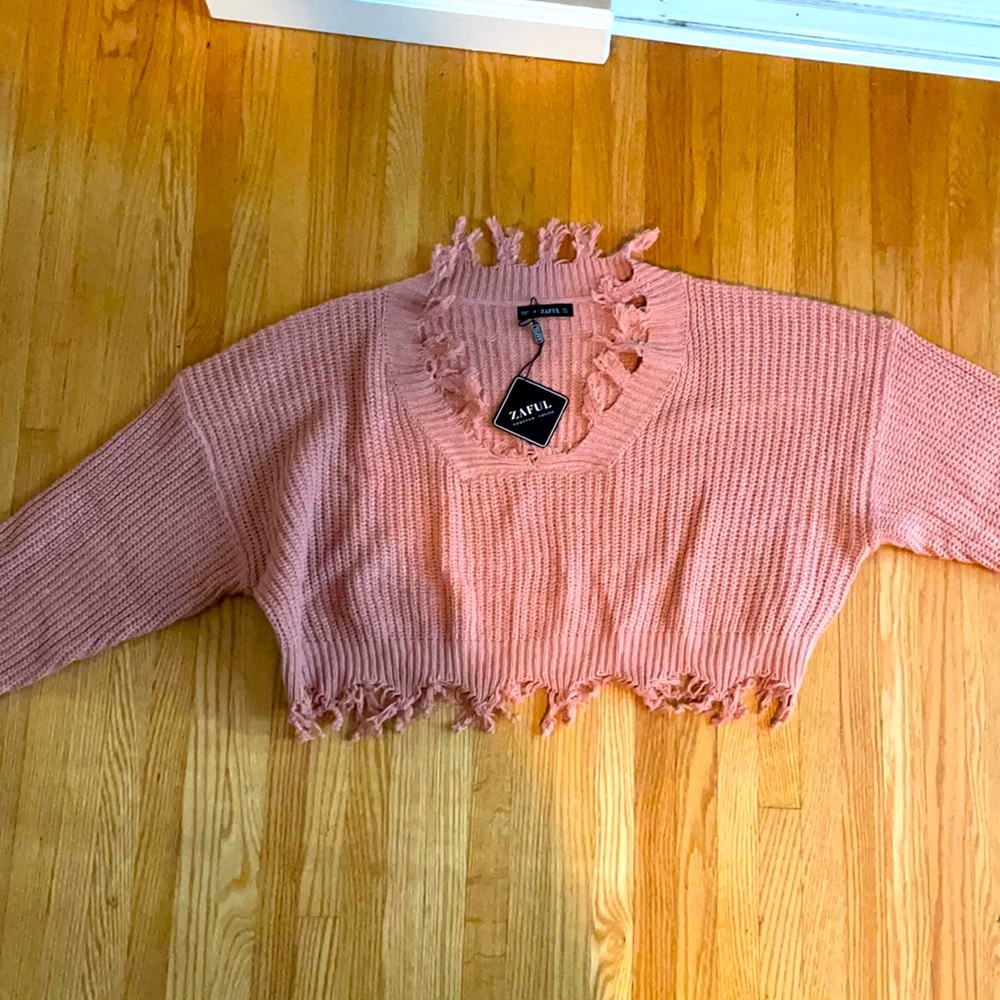 Pink, torn, zaful, cropped, sweater